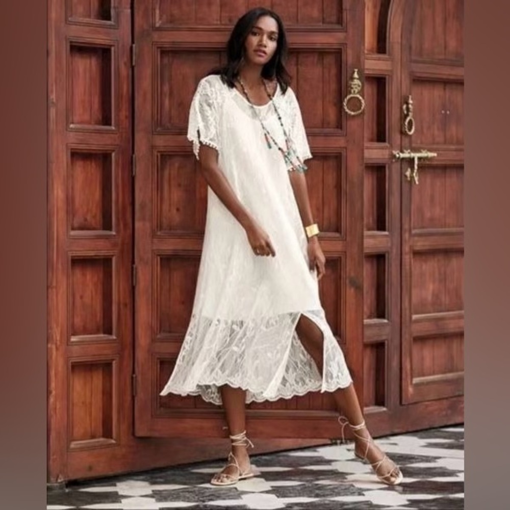 Anthro Johnny Was Sawyer Sheer Lace Short Sleeve Relaxed Ivory Midi Swing Dress